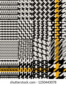 Prince of Wales / glen plaid pattern in classic black and white with yellow overcheck. 