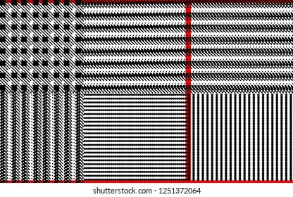 Prince of Wales / glen plaid pattern in classic black and white with red overcheck. 