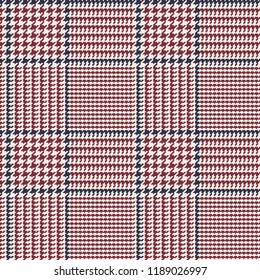 Prince of Wales Style Glen Plaid Vector Pattern in Dark Brown Red with Navy Blue Overcheck Stripes. Trendy Classic High Fashion Print. 8x8 Check Houndstooth. Pixel Perfect Seamless Tile Swatch Incl.