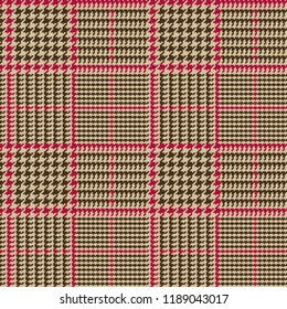 Prince of Wales Style Glen Plaid Vector Pattern in Brown and Beige with Red Overcheck Stripes. Trendy Classic High Fashion Print. 8x8 Check Houndstooth. Pixel Perfect Seamless Tile Swatch Incl.