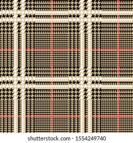 Prince of Wales Style Glen Plaid Pattern in Tan and Black with White and Red Overcheck Stripes. Seamless Vector Pattern. Classic Scottish Fabric. Pixel Pattern Tile Swatch Included.