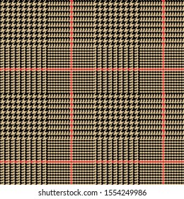 Prince of Wales Style Glen Plaid in Tan and Black with Red Overcheck Stripes. Seamless Vector Pattern. Classic Scottish Fabric. Pixel Pattern Tile Swatch Included.