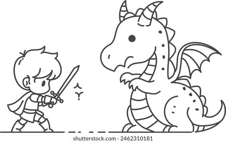 The prince wields his sword against the dragon with determination - Coloring page for children. Hand drawing vector illustration in black outline on a white background.