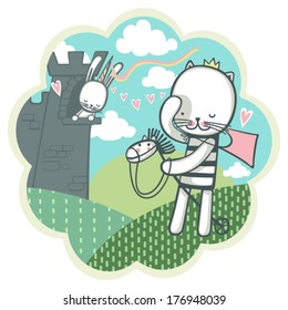 Prince-cat is riding a horse as a hero to save the princess-bunny that imprisoned in the castle.