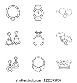 Princely jewellery icons set. Outline set of 9 princely jewellery vector icons for web isolated on white background