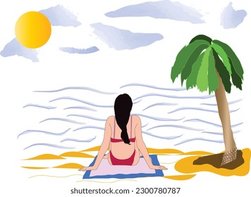 Princes sitting on the beach under a walnut palm tree in front of the blue waves