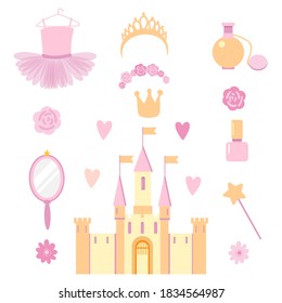 princess accessories with castle on the white background