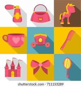 Princess accessories icon set. Flat style set of 9 princess accessories vector icons for web design