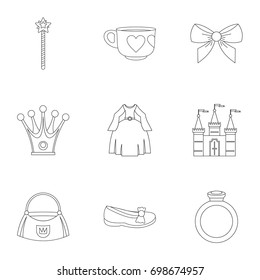 Princess accessories icon set. Outline style set of 9 princess accessories vector icons for web isolated on white background