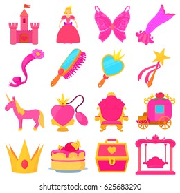 Princess accessories icons set. Cartoon illustration of 16 princess accessories vector icons for web