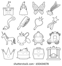 Princess accessories icons set. Outline illustration of 16 princess accessories vector icons for web