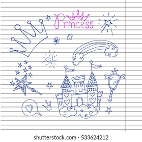 princess accessories set on copybook background.Vector illustration.