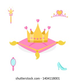 Princess accessories vector illustrations set. Royal items isolated design elements. Fairy tales decorative collection. Pink cute icons. Crystal shoe, tiara, crown, wand, mirror. Stickers pack