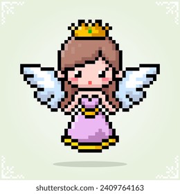 Princess with angel wings in 8 bit pixel art. Angel pixels for game assets and cross stitch pattern in vector illustration.