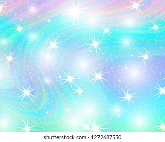 Princess background. Holographic sky in pastel color. Unicorn rainbow pattern in princess colors. Vector illustration. Fairy princess background. Fantasy kawaii colorful backdrop with rainbow mesh.