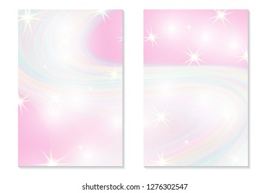 Princess background. Holographic sky in pastel color. Unicorn rainbow pattern in princess colors. Vector illustration. Fairy princess background. Fantasy gradient colorful backdrop with rainbow mesh.