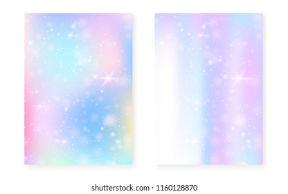 Princess background with kawaii rainbow gradient. Magic unicorn hologram. Holographic fairy set. Creative fantasy cover. Princess background with sparkles and stars for cute girl party invitation.