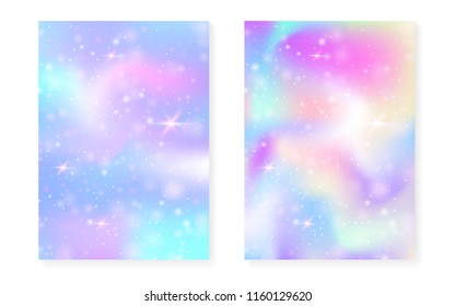 Princess background with kawaii rainbow gradient. Magic unicorn hologram. Holographic fairy set. Vibrant fantasy cover. Princess background with sparkles and stars for cute girl party invitation.