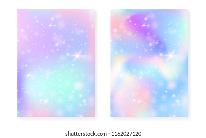Fondo Princesa con gradiente arco iris kawaii. Holograma mágico de unicornio. Juego de hadas holográficas. Tapa de fantasía multicolor. Antecedentes de la princesa con brillo y estrellas para la linda invitación de fiesta de chicas.