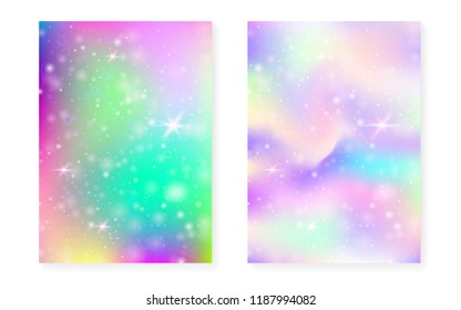 Princess background with kawaii rainbow gradient. Magic unicorn hologram. Holographic fairy set. Stylish fantasy cover. Princess background with sparkles and stars for cute girl party invitation.