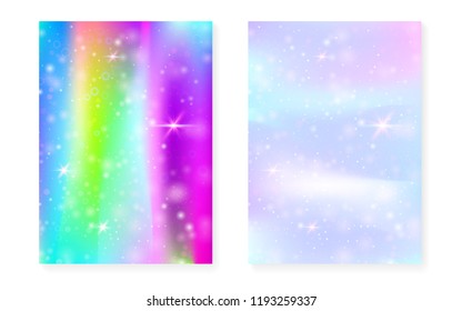 Princess background with kawaii rainbow gradient. Magic unicorn hologram. Holographic fairy set. Creative fantasy cover. Princess background with sparkles and stars for cute girl party invitation.