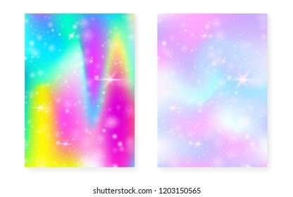Princess background with kawaii rainbow gradient. Magic unicorn hologram. Holographic fairy set. Bright fantasy cover. Princess background with sparkles and stars for cute girl party invitation.