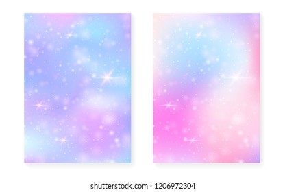Princess background with kawaii rainbow gradient. Magic unicorn hologram. Holographic fairy set. Fluorescent fantasy cover. Princess background with sparkles and stars for cute girl party invitation.