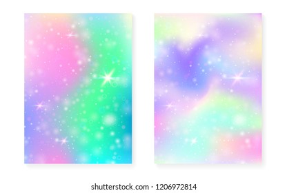 Princess background with kawaii rainbow gradient. Magic unicorn hologram. Holographic fairy set. Spectrum fantasy cover. Princess background with sparkles and stars for cute girl party invitation.
