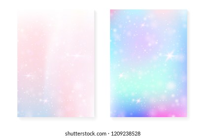 Princess background with kawaii rainbow gradient. Magic unicorn hologram. Holographic fairy set. Spectrum fantasy cover. Princess background with sparkles and stars for cute girl party invitation.