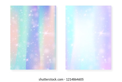 Princess background with kawaii rainbow gradient. Magic unicorn hologram. Holographic fairy set. Mystical fantasy cover. Princess background with sparkles and stars for cute girl party invitation.