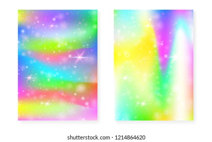 Princess background with kawaii rainbow gradient. Magic unicorn hologram. Holographic fairy set. Creative fantasy cover. Princess background with sparkles and stars for cute girl party invitation.