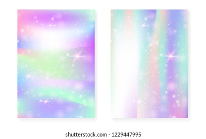Princess background with kawaii rainbow gradient. Magic unicorn hologram. Holographic fairy set. Creative fantasy cover. Princess background with sparkles and stars for cute girl party invitation.