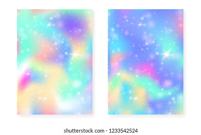 Princess background with kawaii rainbow gradient. Magic unicorn hologram. Holographic fairy set. Colorful fantasy cover. Princess background with sparkles and stars for cute girl party invitation.