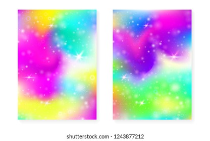 Princess background with kawaii rainbow gradient. Magic unicorn hologram. Holographic fairy set. Stylish fantasy cover. Princess background with sparkles and stars for cute girl party invitation.