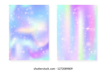 Princess background with kawaii rainbow gradient. Magic unicorn hologram. Holographic fairy set. Spectrum fantasy cover. Princess background with sparkles and stars for cute girl party invitation.