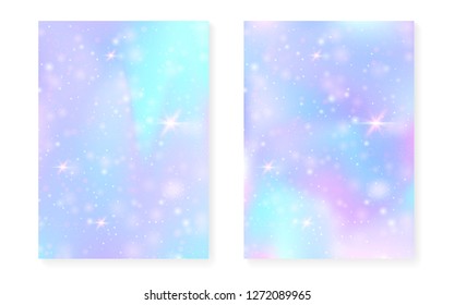 Princess background with kawaii rainbow gradient. Magic unicorn hologram. Holographic fairy set. Bright fantasy cover. Princess background with sparkles and stars for cute girl party invitation.