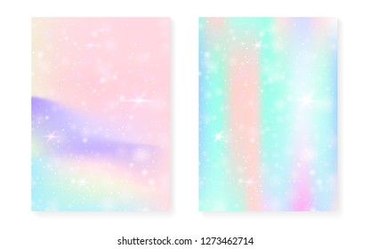Princess background with kawaii rainbow gradient. Magic unicorn hologram. Holographic fairy set. Trendy fantasy cover. Princess background with sparkles and stars for cute girl party invitation.