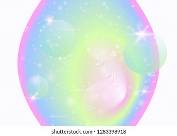 Princess background with kawaii rainbow gradient. Magic unicorn hologram. Fantasy universe banner in cute colors. Holographic cosmos. Princess background with sparkles and stars for girl party.