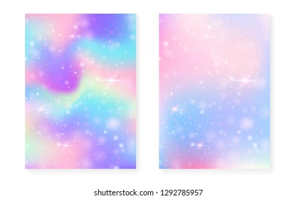 Princess background with kawaii rainbow gradient. Magic unicorn hologram. Holographic fairy set. Colorful fantasy cover. Princess background with sparkles and stars for cute girl party invitation.