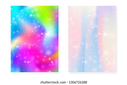 Princess background with kawaii rainbow gradient. Magic unicorn hologram. Holographic fairy set. Fluorescent fantasy cover. Princess background with sparkles and stars for cute girl party invitation.