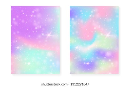 Princess background with kawaii rainbow gradient. Magic unicorn hologram. Holographic fairy set. Mystical fantasy cover. Princess background with sparkles and stars for cute girl party invitation.