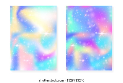 Princess background with kawaii rainbow gradient. Magic unicorn hologram. Holographic fairy set. Bright fantasy cover. Princess background with sparkles and stars for cute girl party invitation.