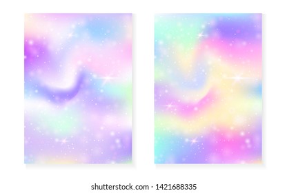 Princess background with kawaii rainbow gradient. Magic unicorn hologram. Holographic fairy set. Multicolor fantasy cover. Princess background with sparkles and stars for cute girl party invitation.
