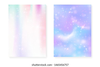 Princess background with kawaii rainbow gradient. Magic unicorn hologram. Holographic fairy set. Spectrum fantasy cover. Princess background with sparkles and stars for cute girl party invitation.