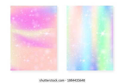 Fondo Princesa con gradiente arcoiris kawaii. Holograma mágico de unicornio. Juego de hadas holográficas. Cubierta fluorescente de fantasía. Antecedentes de la princesa con brillo y estrellas para la linda invitación a una fiesta de chicas.
