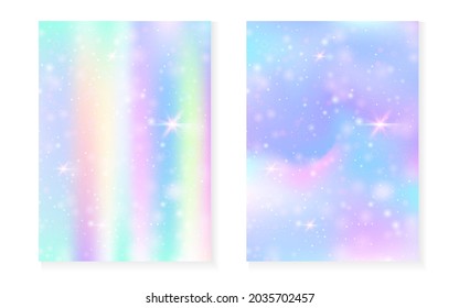 Princess background with kawaii rainbow gradient. Magic unicorn hologram. Holographic fairy set. Creative fantasy cover. Princess background with sparkles and stars for cute girl party invitation.