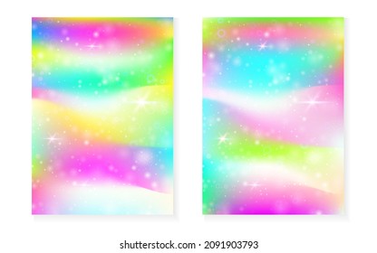 Princess background with kawaii rainbow gradient. Magic unicorn hologram. Holographic fairy set. Mystical fantasy cover. Princess background with sparkles and stars for cute girl party invitation.