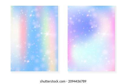 Princess background with kawaii rainbow gradient. Magic unicorn hologram. Holographic fairy set. Mystical fantasy cover. Princess background with sparkles and stars for cute girl party invitation.