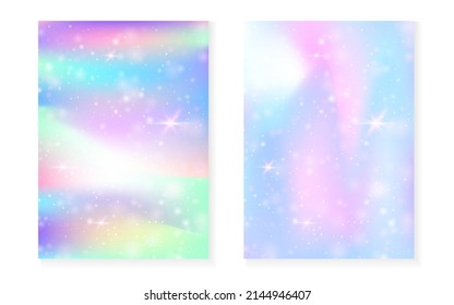 Princess background with kawaii rainbow gradient. Magic unicorn hologram. Holographic fairy set. Stylish fantasy cover. Princess background with sparkles and stars for cute girl party invitation.