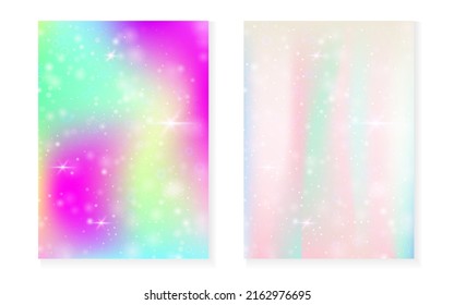 Princess background with kawaii rainbow gradient. Magic unicorn hologram. Holographic fairy set. Colorful fantasy cover. Princess background with sparkles and stars for cute girl party invitation.